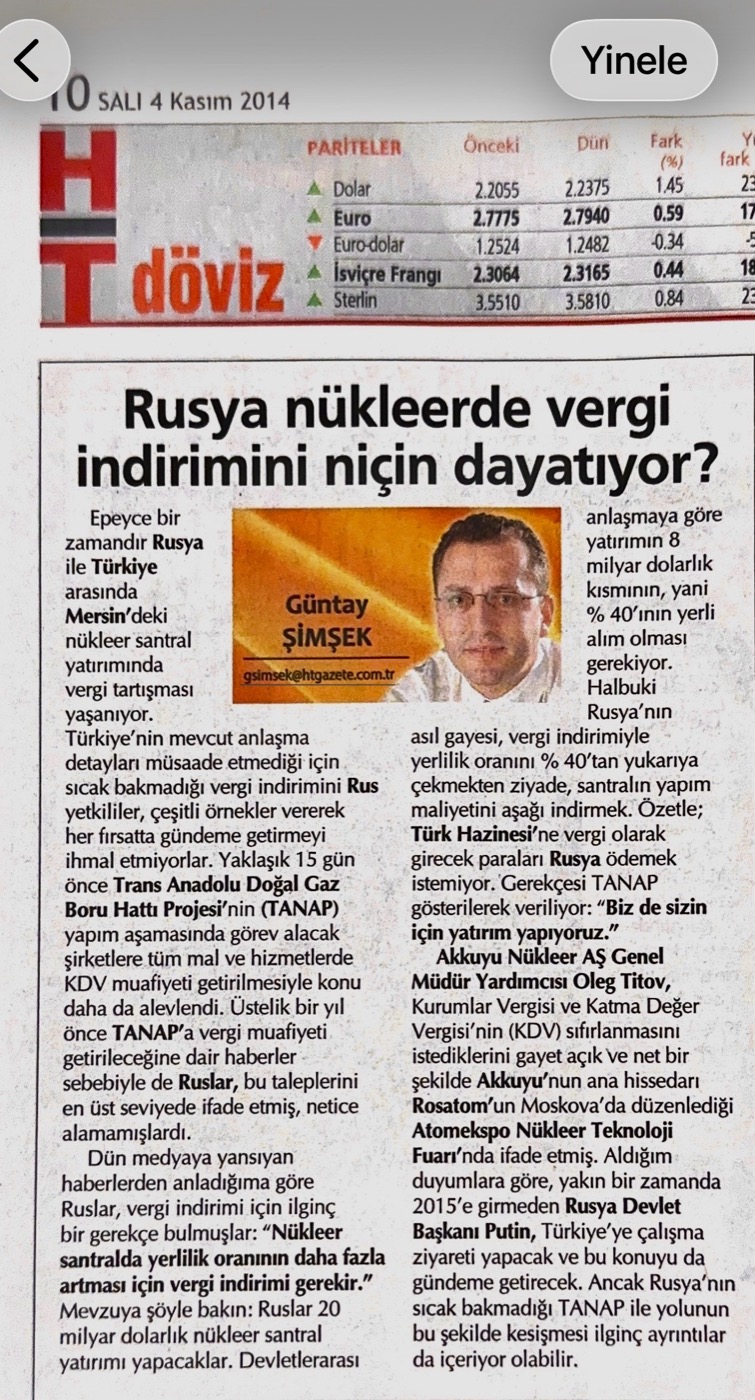 Rusya Nükleerde Vergi İndirimini Niçin Dayatıyor?, HT Gazete, 2014